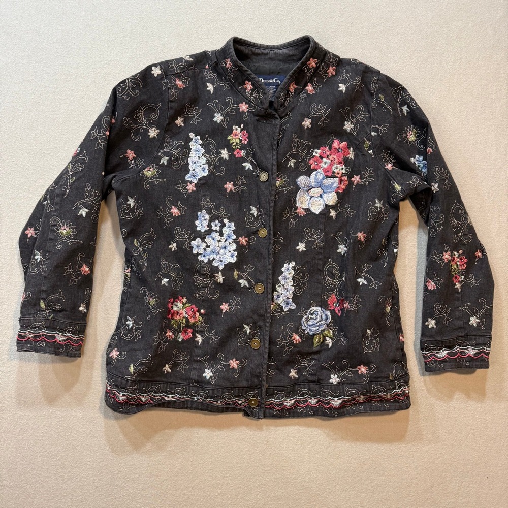 Denim & Co Floral‎ Embroidered Boho Cottagecore Black Denim Jacket Women Size XL